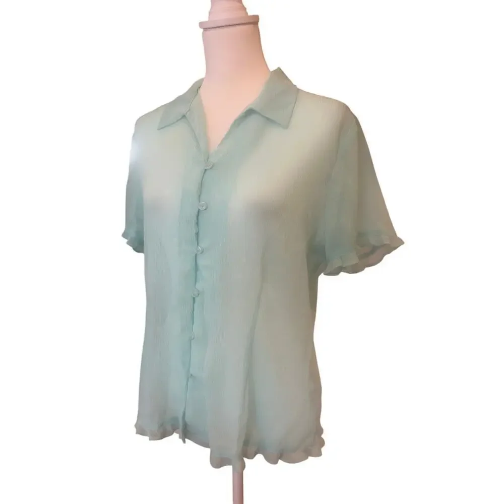 NOTATIONS sheer TURQUOISE RUFFLED button up top womens size large - Picture 1 of 8